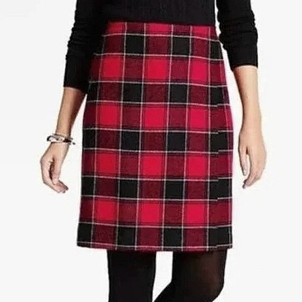 Talbots Wool Blend Tartan Plaid Faux Wrap Skirt Women's Sz 10 Red Black Holiday